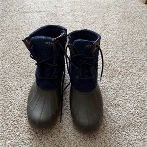 Sperry Navy Fabric & Olive Rubber Kids Duck Boots